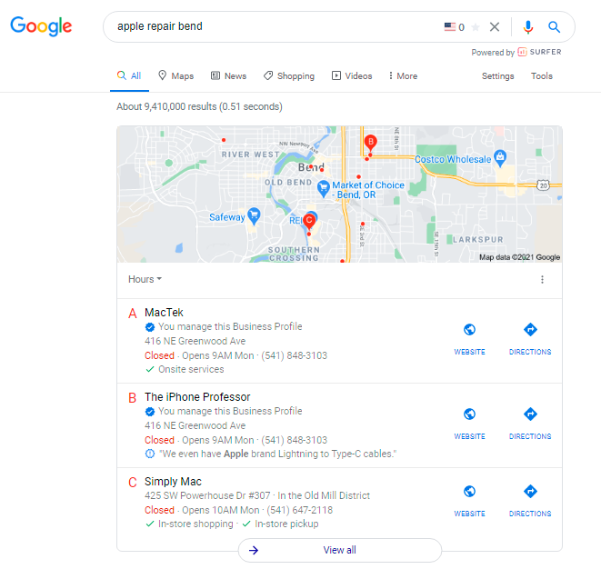 Google Web Search for Apple Repair Bend after Google My business Optimizations by Tinkerlytics.
