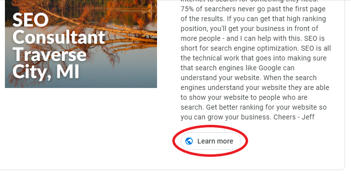 Screenshot of GMB product showing learn more link for UTM code opportunity.