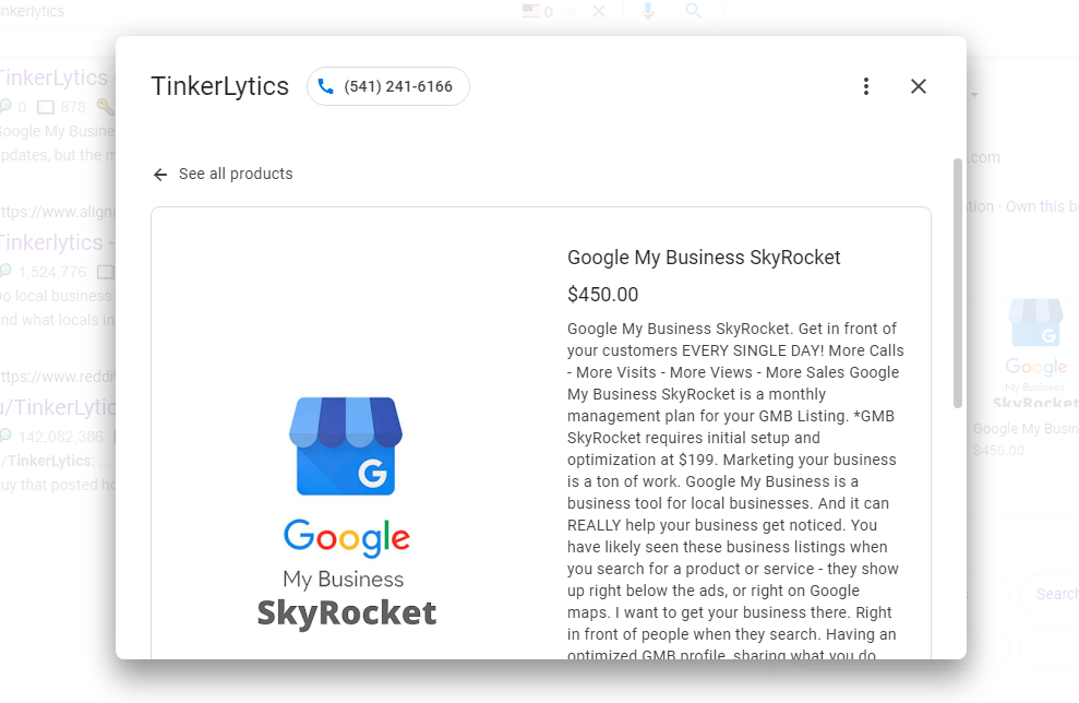 screenshot of product on desktop search for tinkerlytics